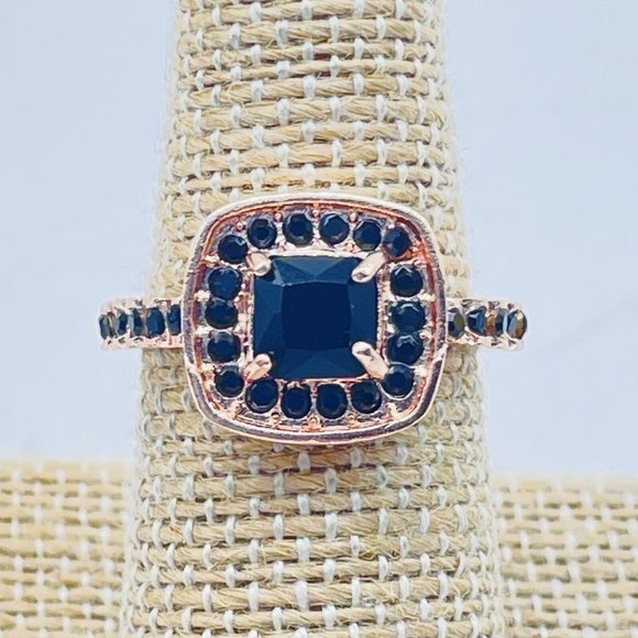 Black Beaded Square Dinner Ring Rose Gold Tone Glam Bling Sparkle Holiday Party - Picture 3 of 6